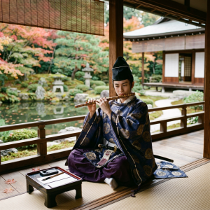 Person in traditional Japanese clothing playing a flute seated on a wooden veranda with a garden and pond in the background
